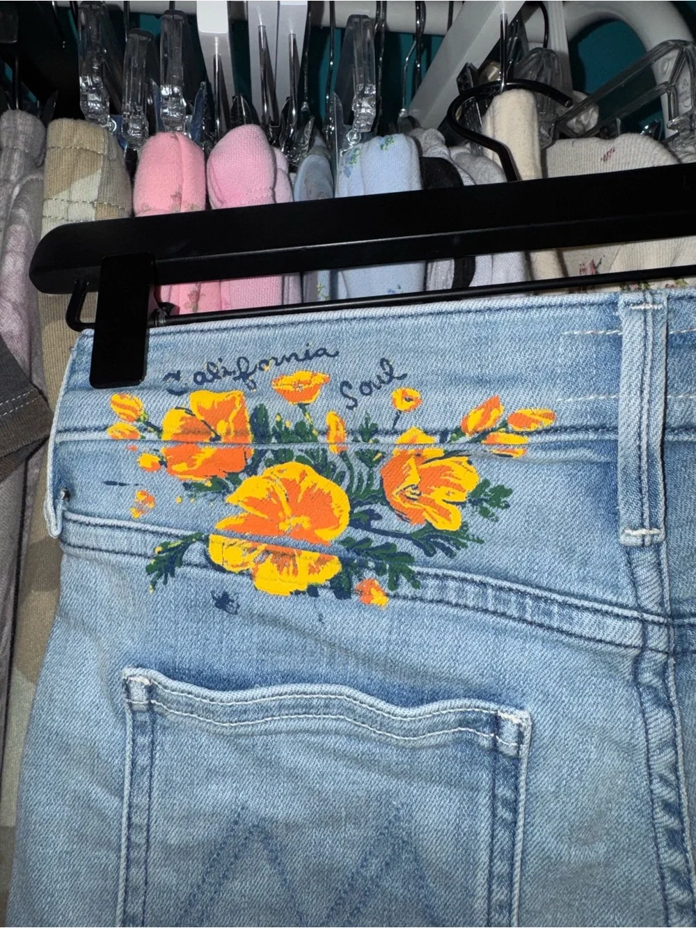 Floral Light Blue Denim Frayed Hem Women’s Shorts floral